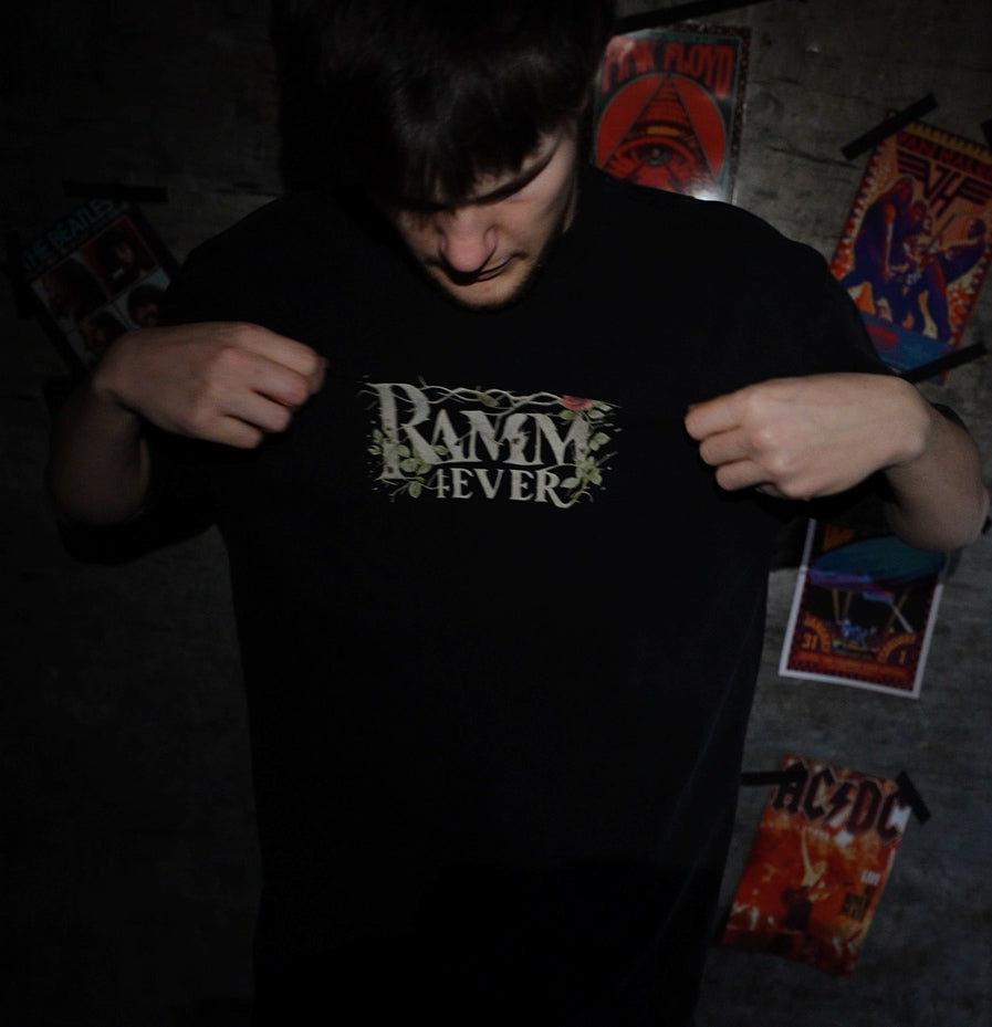 RAMM4EVER t-shirt in graphic streetwear style with a bold front print, worn in a studio setting.